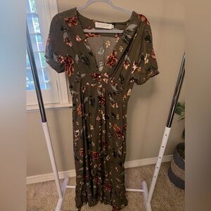 Olive green and floral maxi dress. Size medium.
